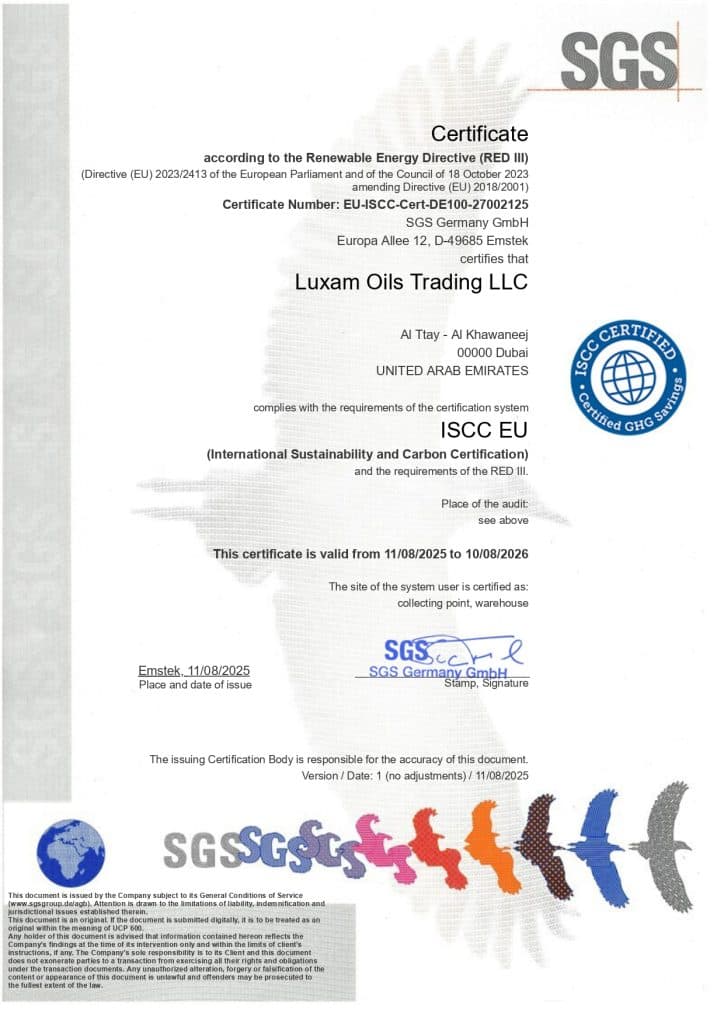 Luxam Oils Trading LLC ISCC Certificate 2025 — page 1