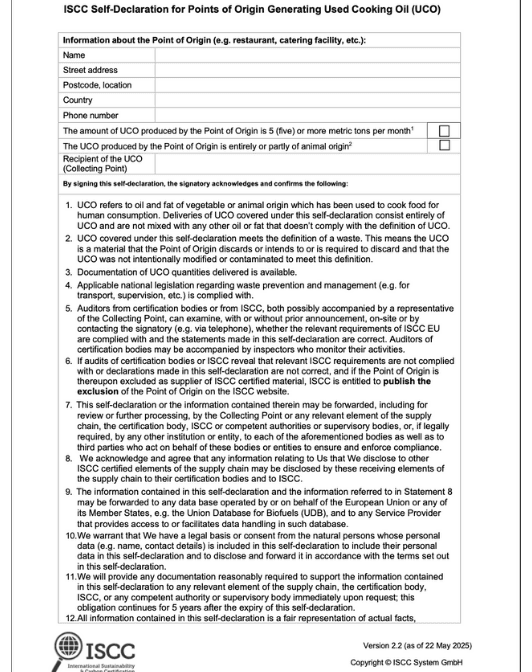 ISCC Self-Declaration UCO — page 1